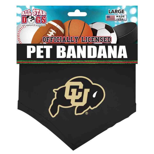Black pet bandana with gold CU Buffaloes logo, packaged under “Pet Bandana” label by All Star Dogs.